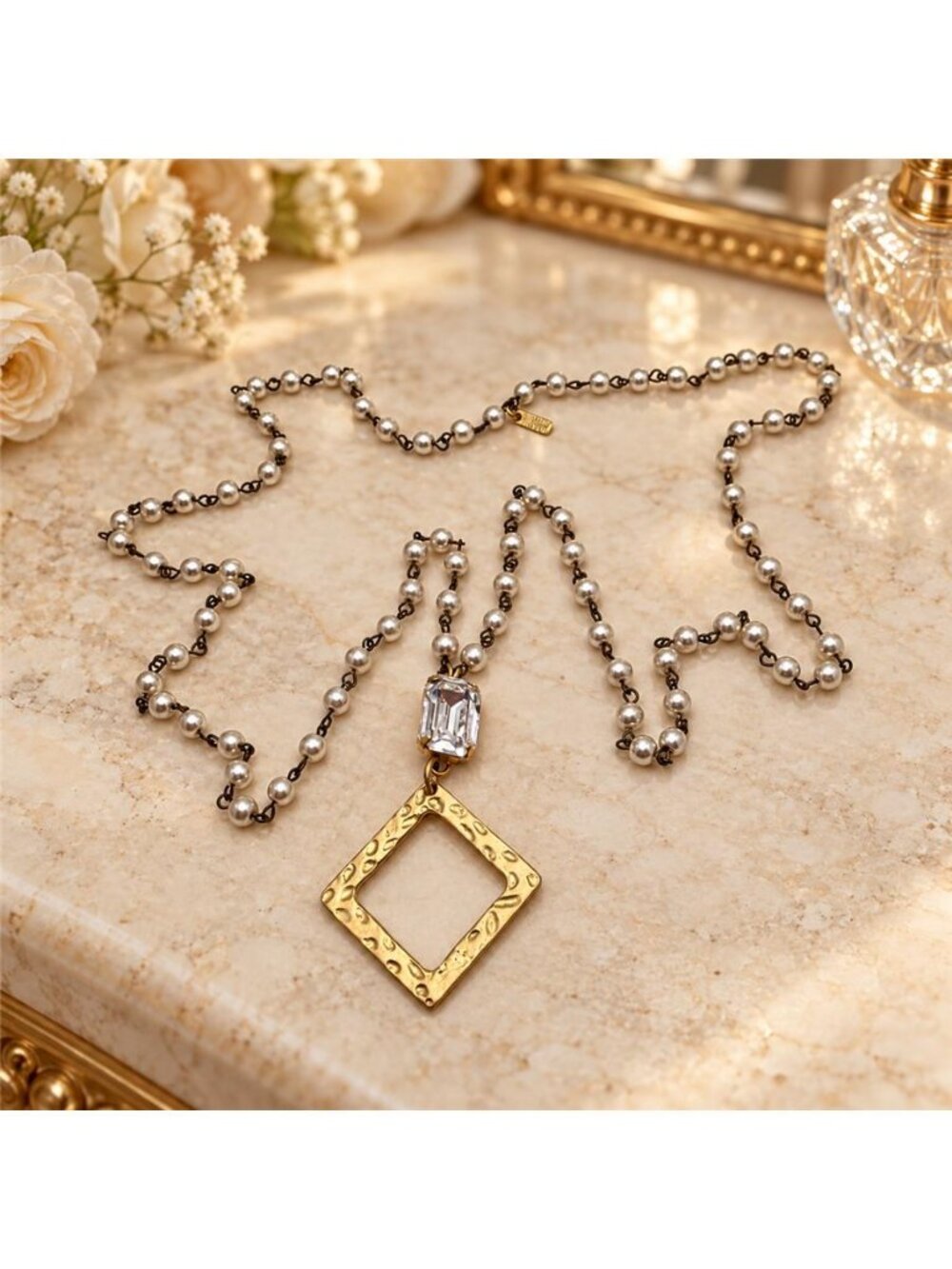 Shelly Russum Faux Pearl Crystal Hammered Open Diamond Gold Tone Pendant Necklac